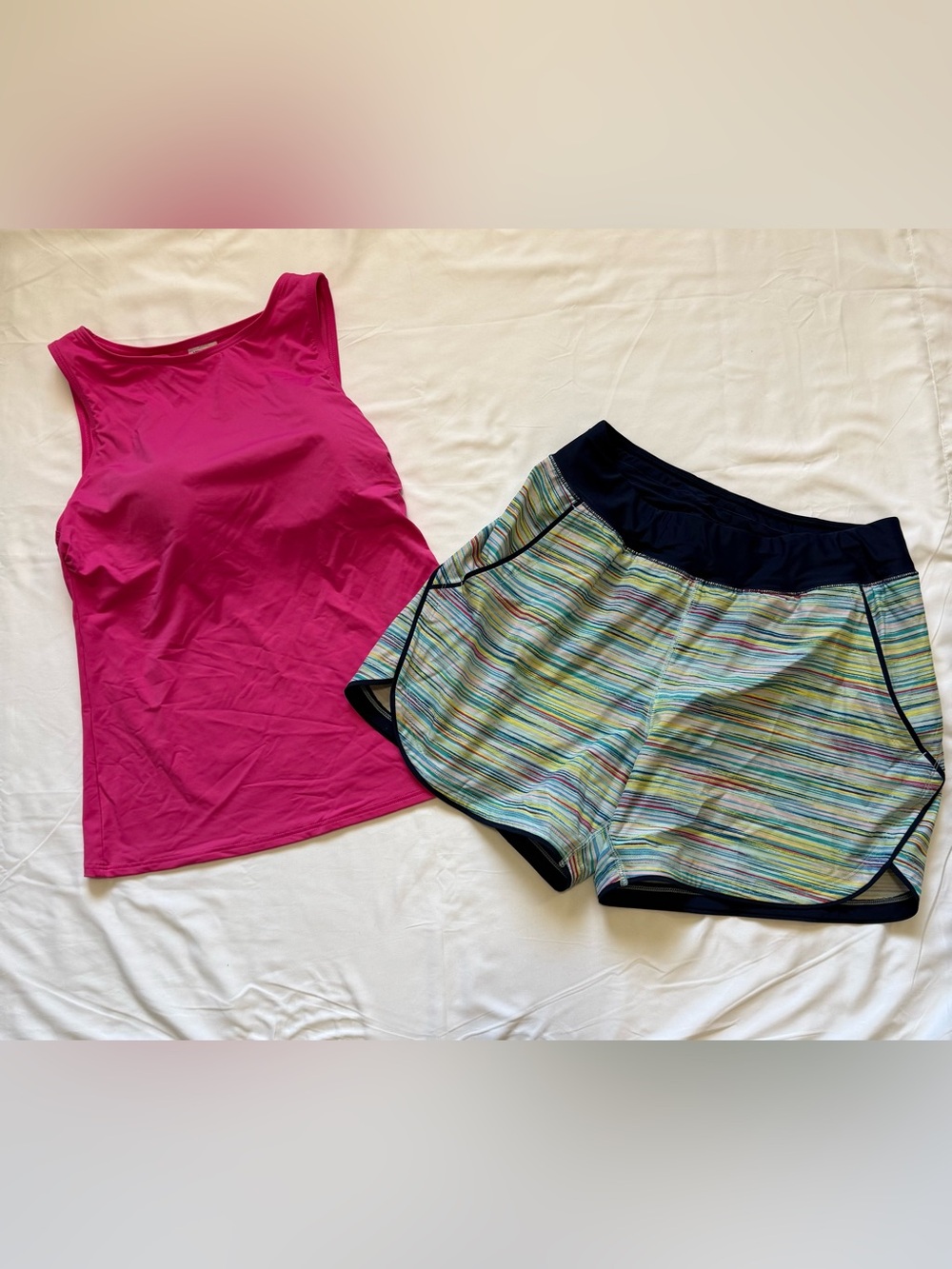 Lands' End Women's Swim Shorts with Multicolor Stripe and Pink Swim Top